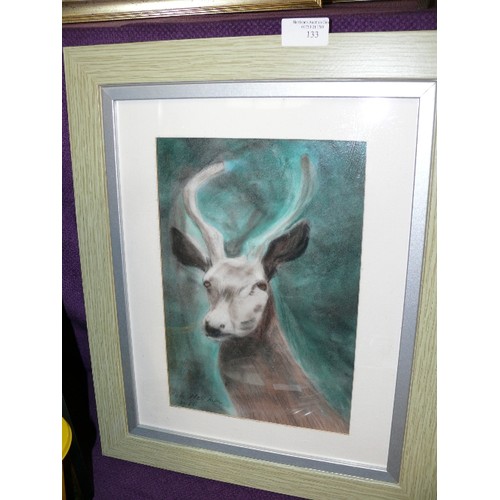 133 - A FRAMED AND GLAZED PASTEL OF A STAG SIGNED BOB WELLMAN 2015