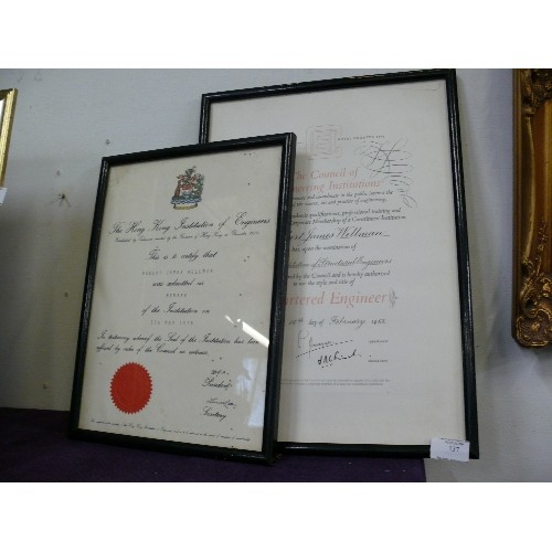 137 - 2 FRAMED AND GLAZED INSTITUTE OF ENGINEER CERTIFICATES 1968 AND 1978