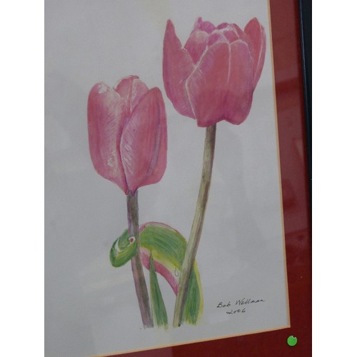 142 - A FRAMED AND GLAZED WATERCOLOUR OF TULIPS SIGNED BOB WELLMAN