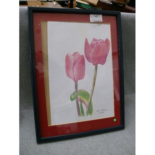 142 - A FRAMED AND GLAZED WATERCOLOUR OF TULIPS SIGNED BOB WELLMAN