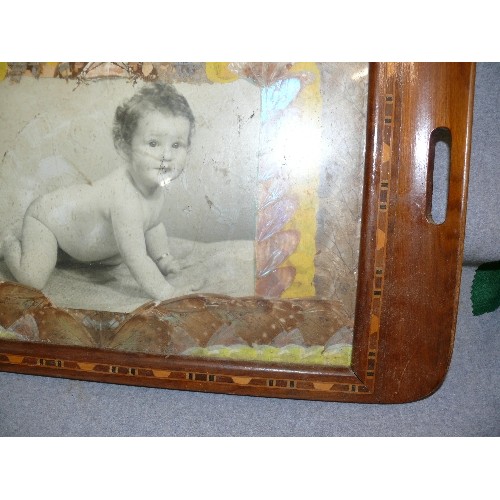 165 - A VINTAGE WOODEN MARQUETRY TRAY WITH BUTTERFLY WINGS AND BLACK AND WHITE BABY PHOTO