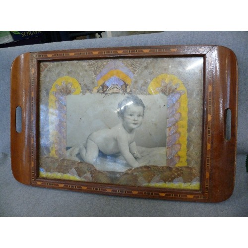 165 - A VINTAGE WOODEN MARQUETRY TRAY WITH BUTTERFLY WINGS AND BLACK AND WHITE BABY PHOTO