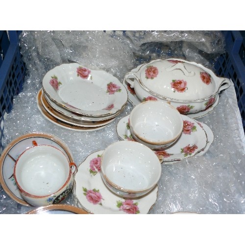 188 - TRAY WITH CHILD'S PLAY CERAMIC CUPS, PLATES AND LIDDED SERVING DISHES