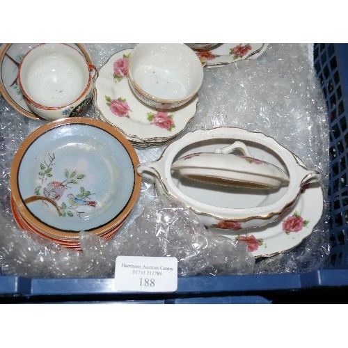 188 - TRAY WITH CHILD'S PLAY CERAMIC CUPS, PLATES AND LIDDED SERVING DISHES