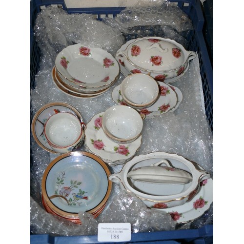 188 - TRAY WITH CHILD'S PLAY CERAMIC CUPS, PLATES AND LIDDED SERVING DISHES