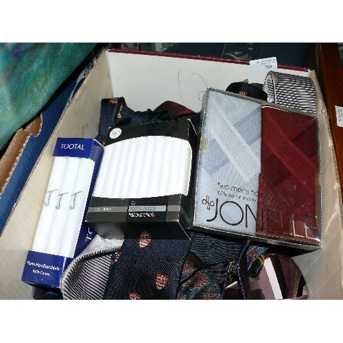 268 - A BOX OF VARIOUS TIES, SOME SILK ALSO PACKETS OF NEW HANDKERCHIEFS.