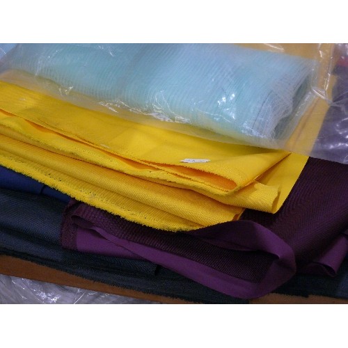 387C - LARGE PIECES OF CANVAS FABRIC IN YELLOW,  PURPLE, ORANGE, BLUE, BLACK AND GREEN NETTING