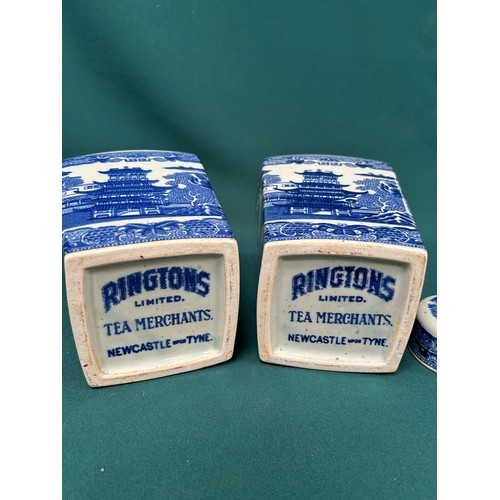 198 - Good pair of vintage Ringtons Blue & White Willow Pattern Tea Merchant Caddies or Jars with lids - 2... 