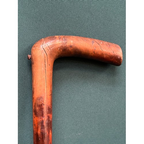 119A - An antique hawthorn walking stick with very old repairs in metal