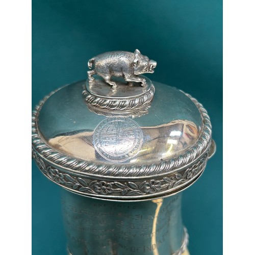 279 - An important Silver mounted African Wild Boar tusk table lighter, with inscription 