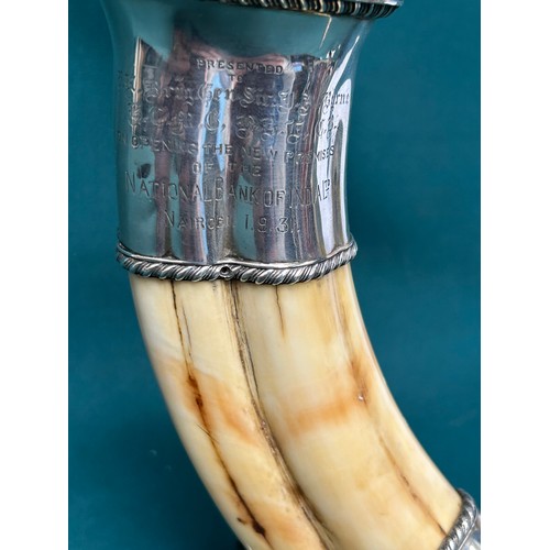 279 - An important Silver mounted African Wild Boar tusk table lighter, with inscription 