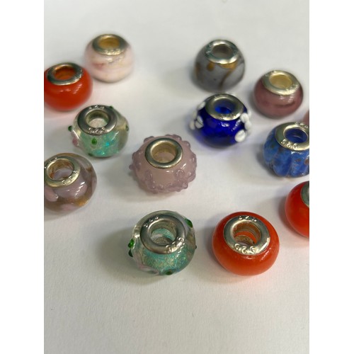 95 - 13 x silver and glass charm beads, marked 925, blues, greens, purples