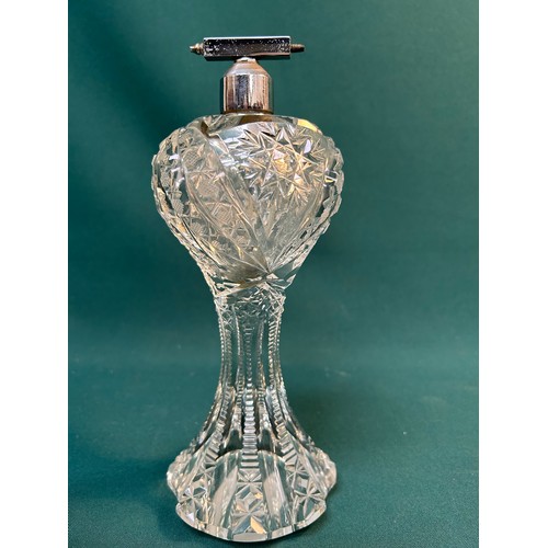29 - 3 cut glass crystal scent bottles including a 1930's tall atomiser with chrome plated top - 25cm, an... 