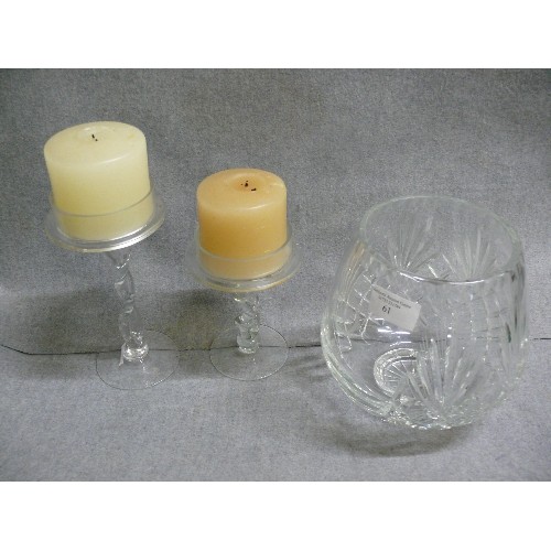 61 - HEAVY CUT GLASS BOWL WITH 2 GLASS CANDLESTICKS COMPLETE WITH CANDLES. THE BOWL IS ETCHED 'MICK & TRI... 