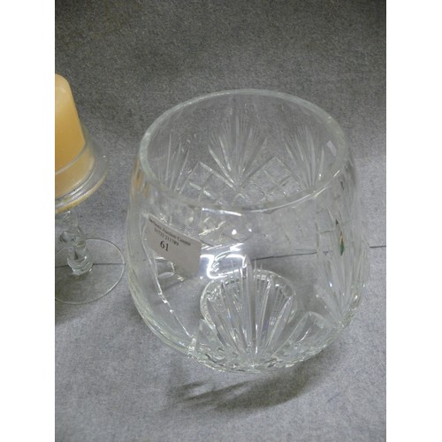 61 - HEAVY CUT GLASS BOWL WITH 2 GLASS CANDLESTICKS COMPLETE WITH CANDLES. THE BOWL IS ETCHED 'MICK & TRI... 