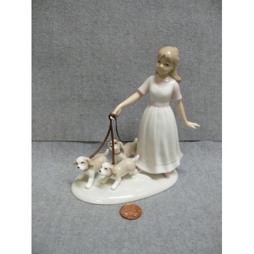 75 - LOVELY LEONARDO COLLECTION FIGURE, GIRL WALKING 3 HOUNDS ON LEADS.