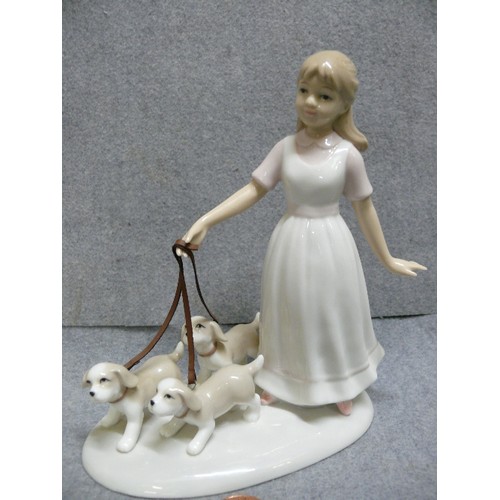 75 - LOVELY LEONARDO COLLECTION FIGURE, GIRL WALKING 3 HOUNDS ON LEADS.