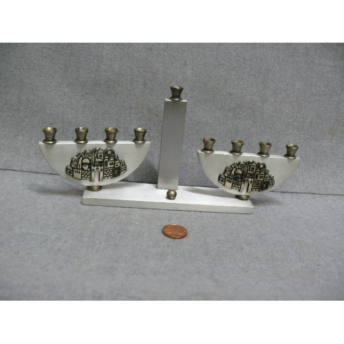 76 - HANDMADE JERUSALEM MENORAH CANDLE HOLDER. LABEL ON BASE READS 'OPPENHEIM 24K GOLD & SILVER PLATED. J... 