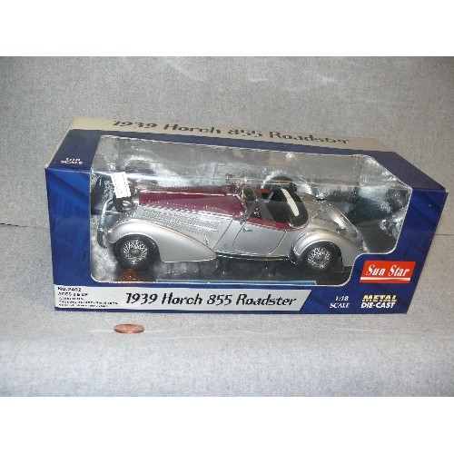 83 - LARGE DIE-CAST 1939 HORCH 855 ROADSTER MODEL CAR, 1:18 SCALE, BOXED.