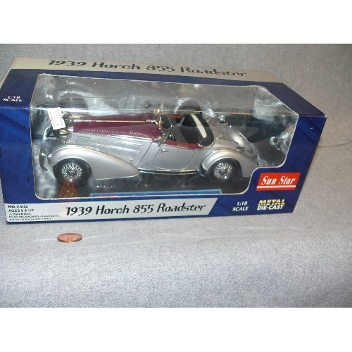 83 - LARGE DIE-CAST 1939 HORCH 855 ROADSTER MODEL CAR, 1:18 SCALE, BOXED.