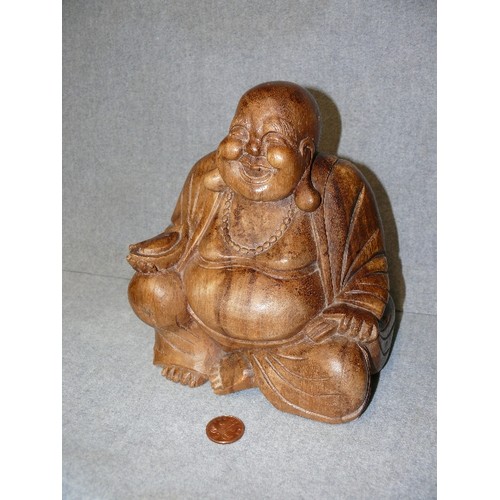 88 - WOODEN LAUGHING BUDDHA FIGURE.