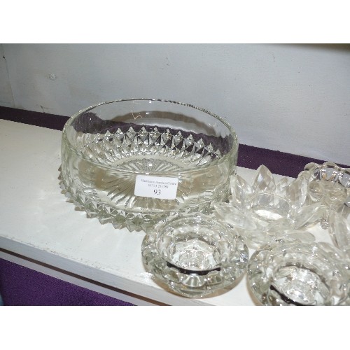 93 - LOVELY COLLECTION OF CRYSTAL CANDLE HOLDER PAIRS AND 2 HEAVY CRYSTAL BOWLS.