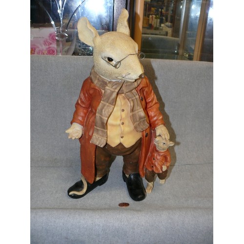 96 - VERY LARGE FATHER & SON MOUSE FIGURE, BOTH WEARING RED COATS. RESIN.