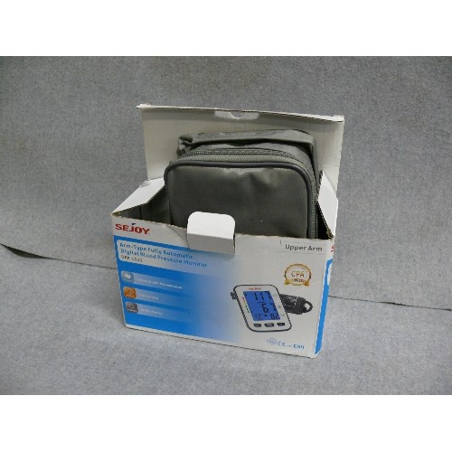 97 - DIGITAL BLOOD PRESSURE MONITOR. FULLY AUTOMATIC ARM-TYPE. 'SEJOY DBP-1333' WITH BOX AND SOFT CASE.