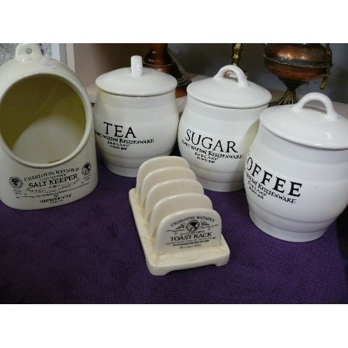 108 - LOVELY CERAMIC KITCHEN SET, COUNTRY STYLE IN CREAM WITH BLACK LETTERING. INC 3 CANNISTERS, SALT KEEP... 