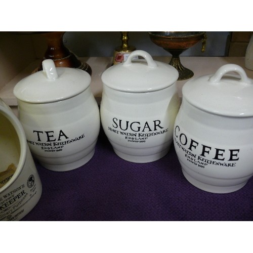 108 - LOVELY CERAMIC KITCHEN SET, COUNTRY STYLE IN CREAM WITH BLACK LETTERING. INC 3 CANNISTERS, SALT KEEP... 