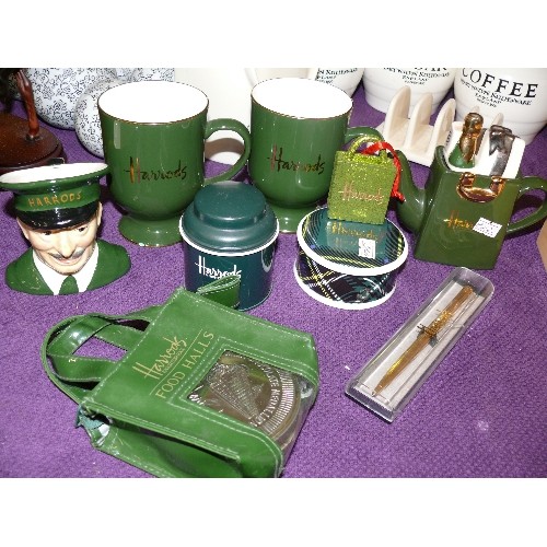 110 - VINTAGE HARRODS-KNIGHTSBRIDGE ITEMS, INCLUDES CARLTON WARE 'TOBY JUG' DOORMAN, TEAPOTS, MUGS, LIDDED... 