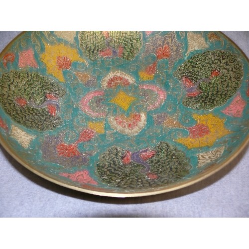 113 - DECORATIVE ENAMELLED BRASS BOWL. LOVELY PEACOCK DESIGN.