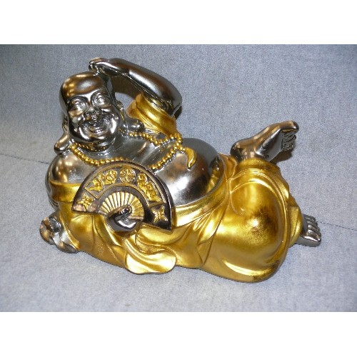 120 - LOVELY LEONARDO COLLECTION RECLINING LAUGHING BUDDHA, GOLD & SILVER EFFECT. VERY HEAVY.