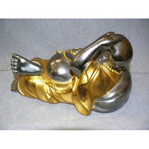 120 - LOVELY LEONARDO COLLECTION RECLINING LAUGHING BUDDHA, GOLD & SILVER EFFECT. VERY HEAVY.