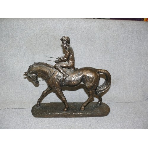 126 - JOCKEY & RACEHORSE. ANTIQUED BRONZE EFFECT FIGURE, RESIN.