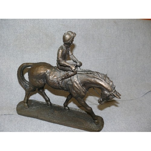 126 - JOCKEY & RACEHORSE. ANTIQUED BRONZE EFFECT FIGURE, RESIN.