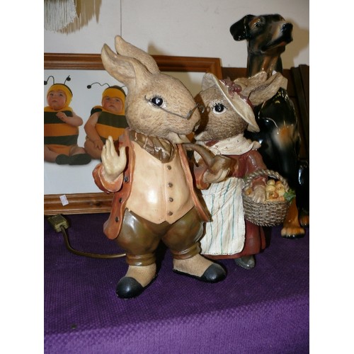 139 - MR & MRS RABBIT. LARGE RESIN FIGURES COMPLETE WITH SPECS AND HATS ETC.