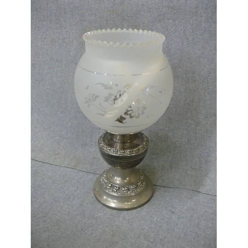 94 - SILVER-PLATED IANTHE CANDLE LANTERN WITH ETCHED GLASS FLUTE-EDGED SHADE. 2 SMALL CANDLES INCLUDED.