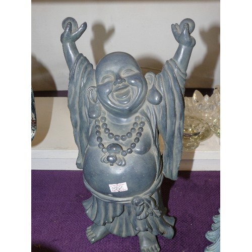 114A - LAUGHING STANDING BUDDHA WITH ARMS RAISED. PEWTER COLOURED RESIN.