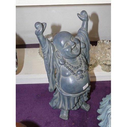 114A - LAUGHING STANDING BUDDHA WITH ARMS RAISED. PEWTER COLOURED RESIN.