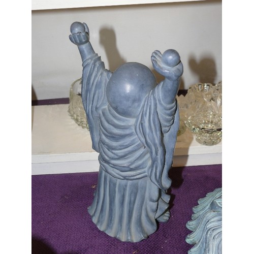 114A - LAUGHING STANDING BUDDHA WITH ARMS RAISED. PEWTER COLOURED RESIN.