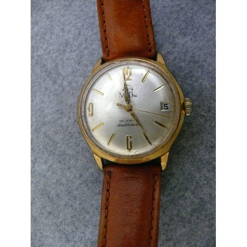 14 - A MuDu GENTS WATCH, 1960`S 24 JEWEL DOUBLEMATIC WITH DATE GOLD PLATED WORKING