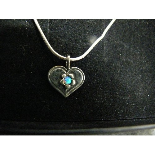 16 - SILVER HEART PENDANT WITH BRIGHT OPAL STONE ON NECKLACE