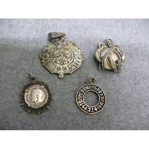 17 - 4 SILVER PENDANTS - A MEXICAN  SILVER ENGRAVED PENDANT, SILVER PENDANT GATE OF DEATH WITH OPAL SLICE... 