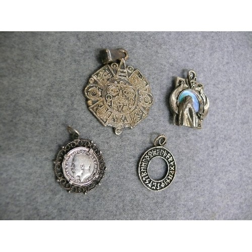 17 - 4 SILVER PENDANTS - A MEXICAN  SILVER ENGRAVED PENDANT, SILVER PENDANT GATE OF DEATH WITH OPAL SLICE... 