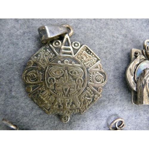 17 - 4 SILVER PENDANTS - A MEXICAN  SILVER ENGRAVED PENDANT, SILVER PENDANT GATE OF DEATH WITH OPAL SLICE... 