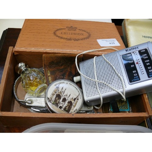 410 - HERRMANN GOLDEN FLYER GENTS SHAVER IN CASE, TUB OF USED STAMPS, LEATHER STAMP, VINTAGE COLOGNE ETC.