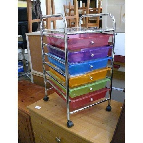 420 - CHROME STORAGE CHEST ON  CASTORS WITH MULTI COLOURED TRAY DRAWERS