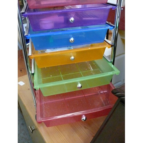 420 - CHROME STORAGE CHEST ON  CASTORS WITH MULTI COLOURED TRAY DRAWERS