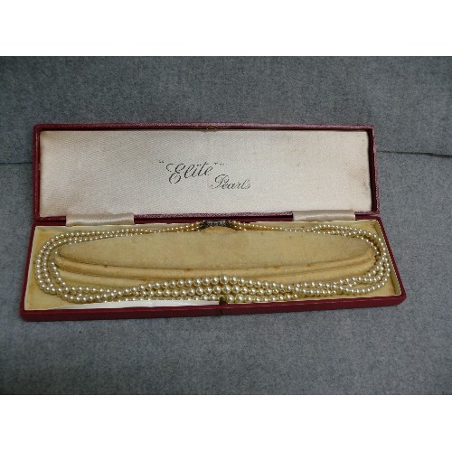 29 - A SET OF THREE ROWS OF PEARLS IN THEIR ORIGINAL BOX, ELITE PEARLS